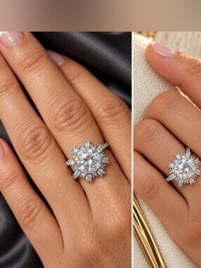 2.0 CT Moissanite Starburst Halo Ring 925 Sterling Silver Size 7